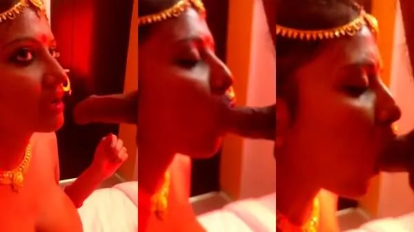 Mallu bride in full jewelry giving amateur blowjob on first night