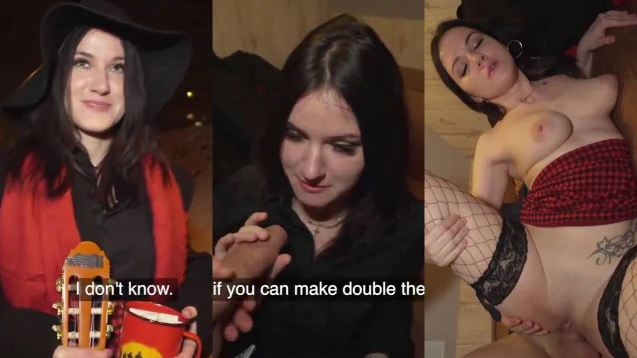 Naive Czech street musician girl with natural tits fucks for money