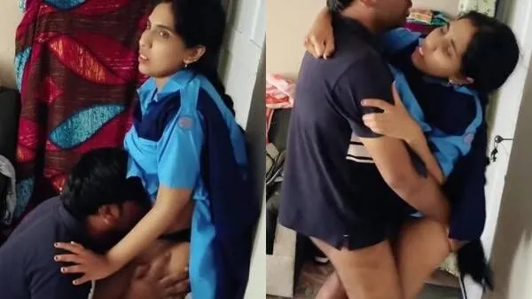 Nervous college girl in uniform pinned to wall and fucked by bf